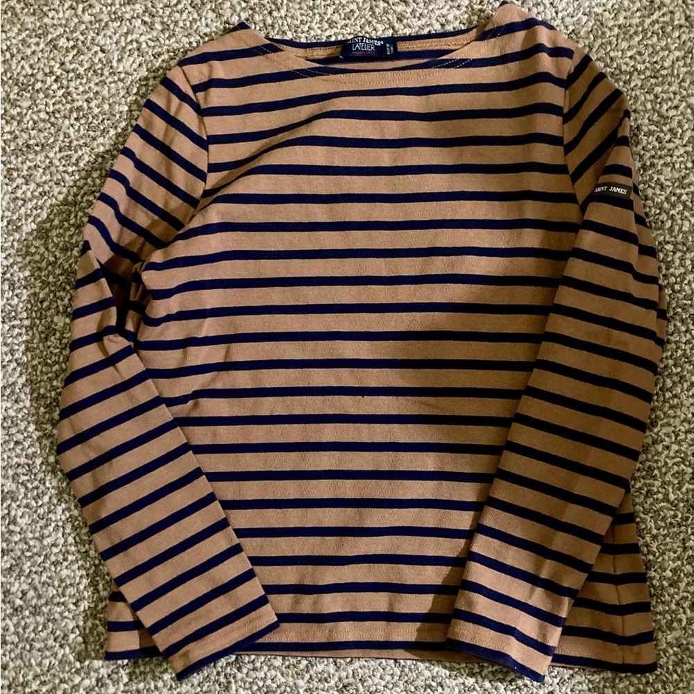 New Listing-Saint James Navy and Tan Striped Women’s Linen Tee